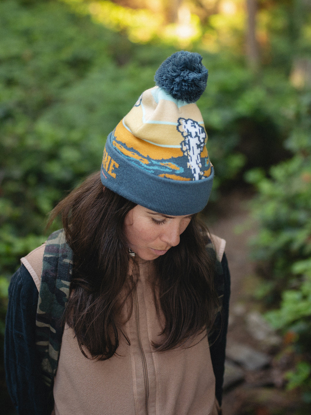Yellowstone National Park Knit Beanie Hat with Pom Pom Winter Outdoor Geyser Design Cap