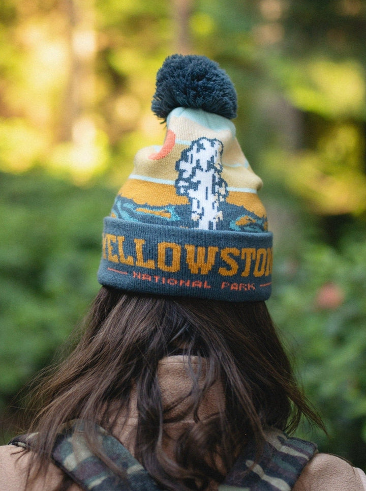 Yellowstone National Park Knit Beanie Hat with Pom Pom Winter Outdoor Geyser Design Cap
