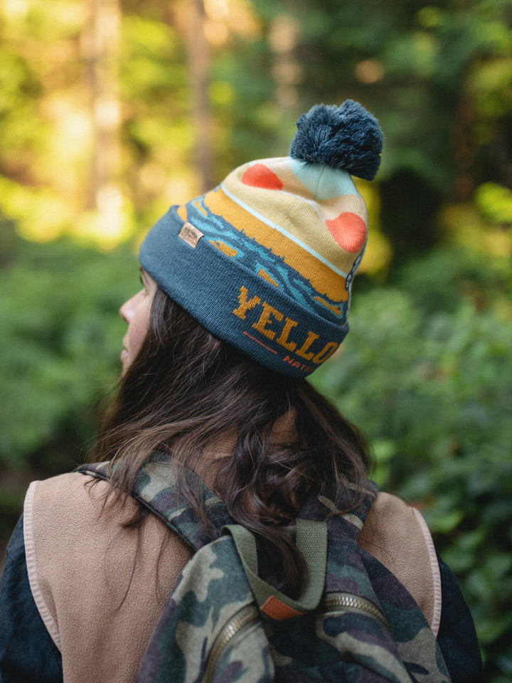 Yellowstone National Park Knit Beanie Hat with Pom Pom Winter Outdoor Geyser Design Cap