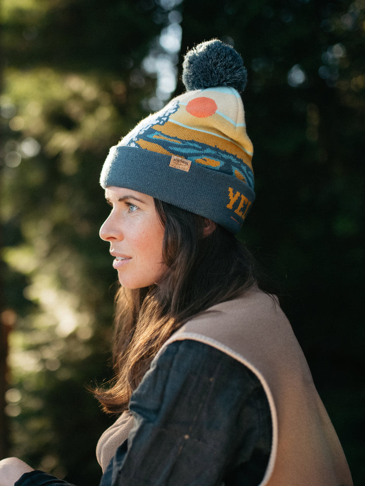 Yellowstone National Park Knit Beanie Hat with Pom Pom Winter Outdoor Geyser Design Cap