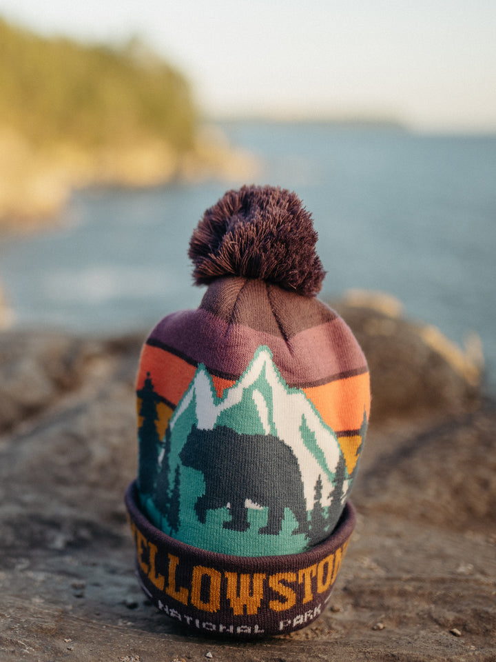 Yellowstone National Park Beanie Hat Outdoor Hiking Knit Cap with Bear Mountain Pom Pom