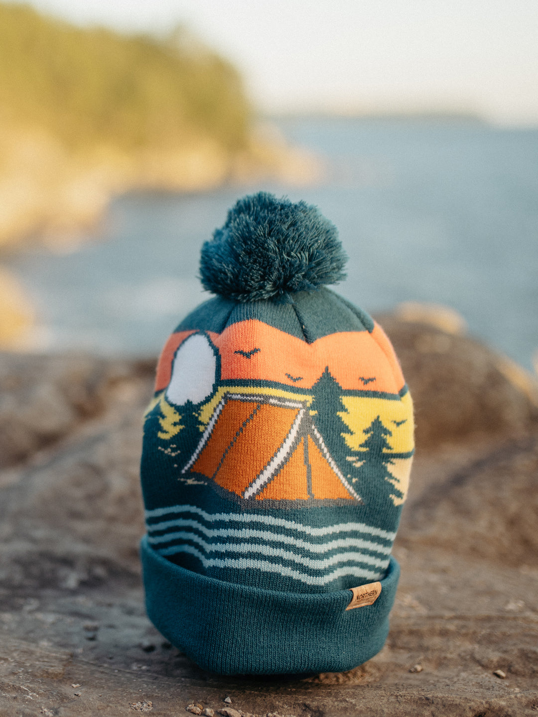 Camp Life Knit Beanie with Pom Pom, Outdoor Camping Winter Hat