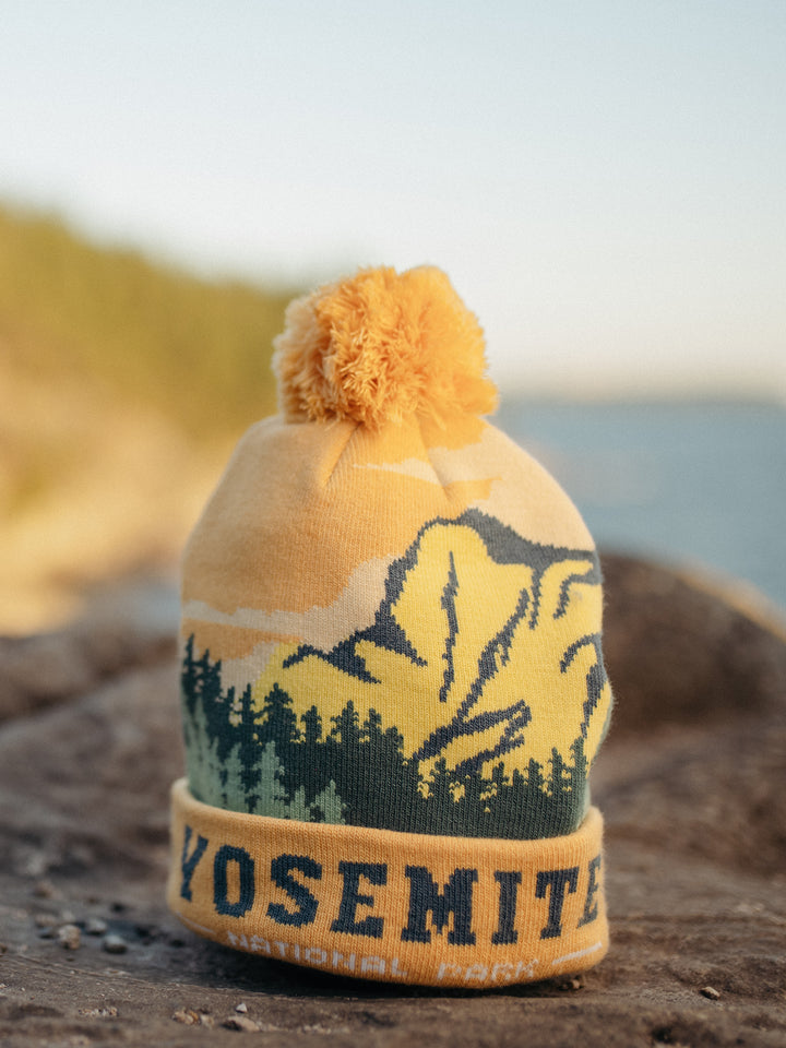 Yosemite National Park Beanie Hat Outdoor Hiking Knit Cap with Mountain Forest Pom Pom