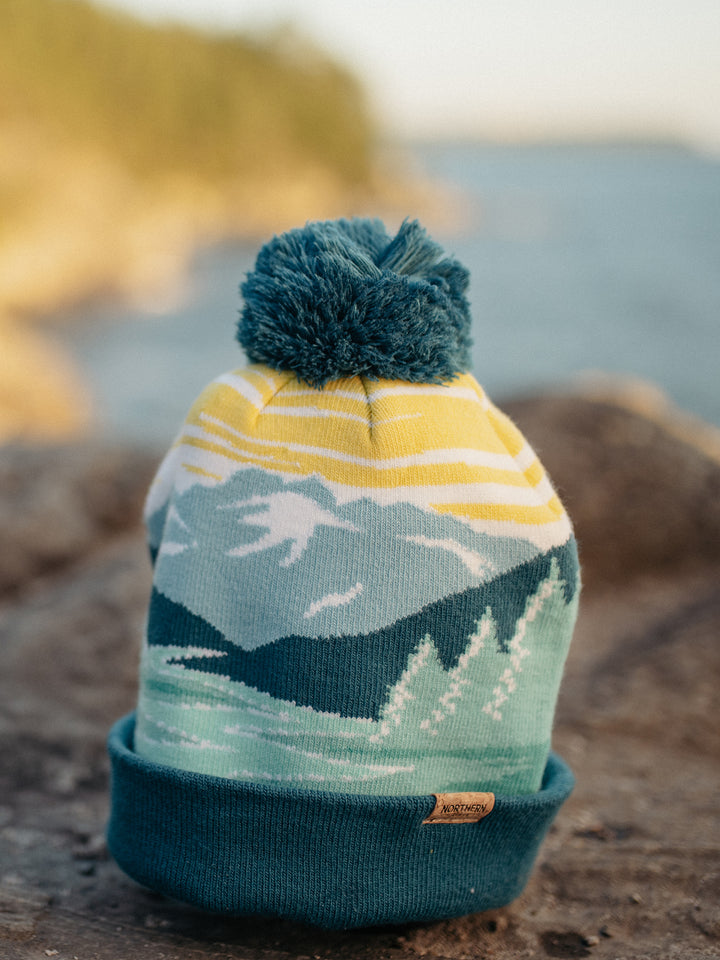 Olympic National Park Beanie Hat Outdoor Hiking Knit Cap with Mountain Sunrise Pom Pom
