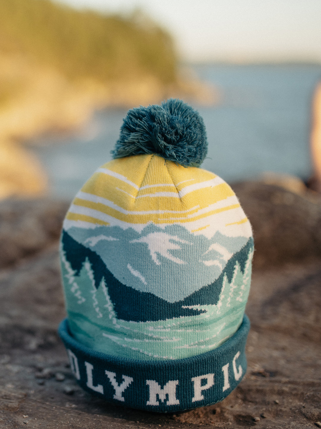Olympic National Park Beanie Hat Outdoor Hiking Knit Cap with Mountain Sunrise Pom Pom