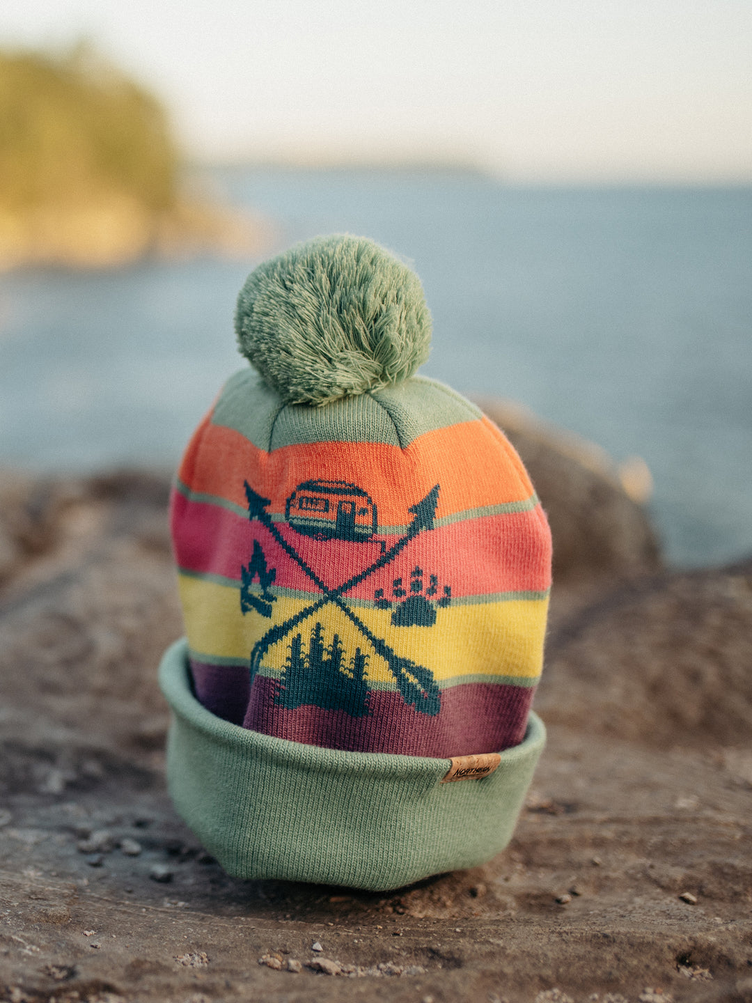 Camp Life Knit Beanie with Pom Pom Winter Hat for Camping and Outdoor Adventure