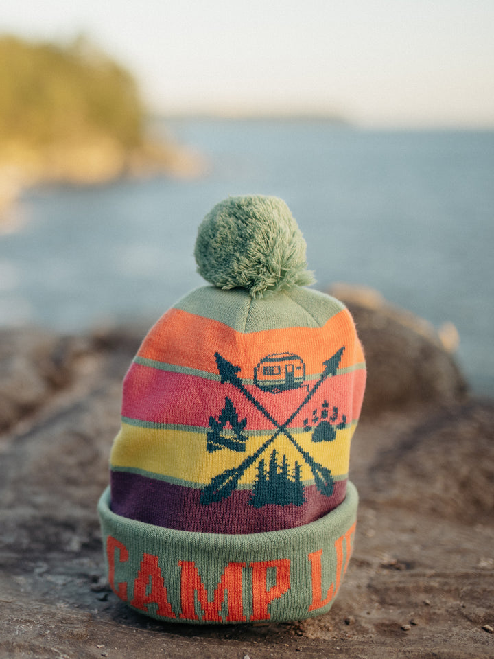 Camp Life Knit Beanie with Pom Pom Winter Hat for Camping and Outdoor Adventure