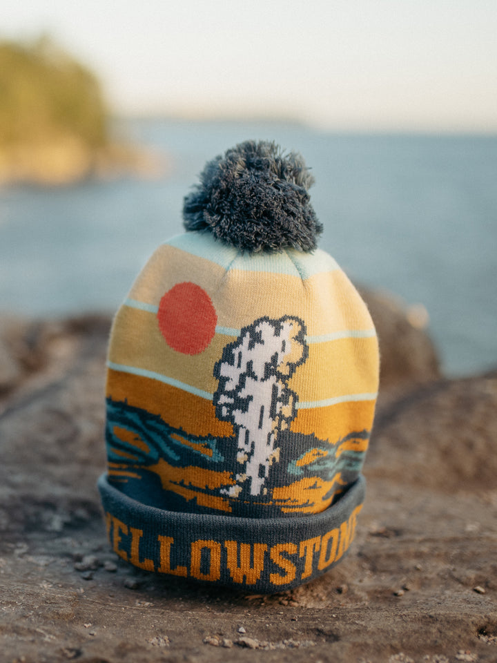 Yellowstone National Park Knit Beanie Hat with Pom Pom Winter Outdoor Geyser Design Cap