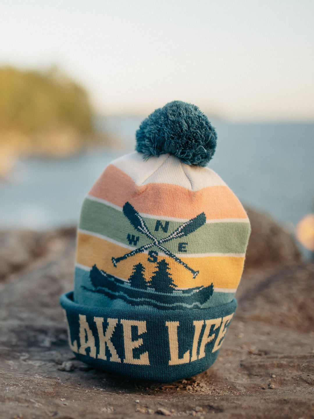 Lake Life Knit Beanie with Pom Pom Winter Hat Outdoor Canoe Adventure