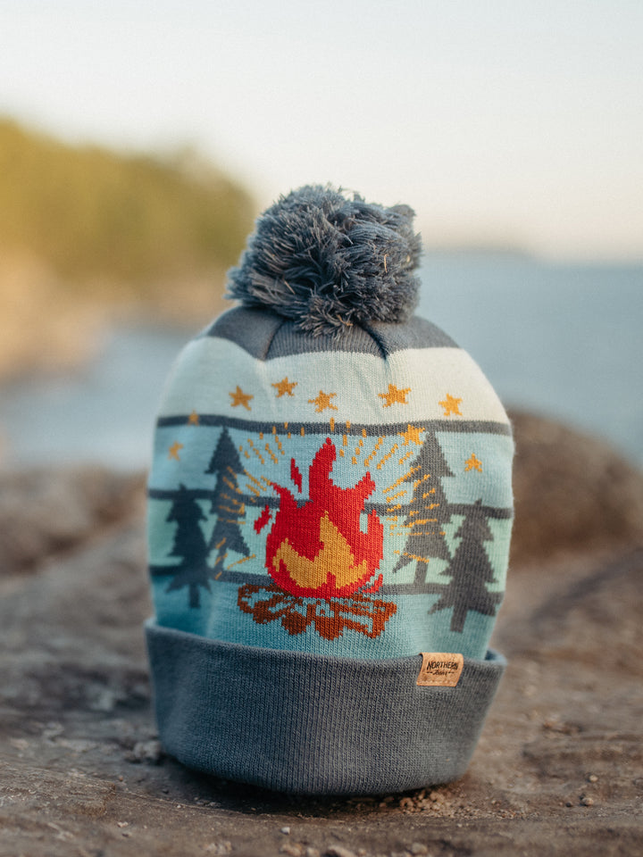 Camp Life Beanie Hat with Pom Pom, Warm Knitted Winter Cap for Camping