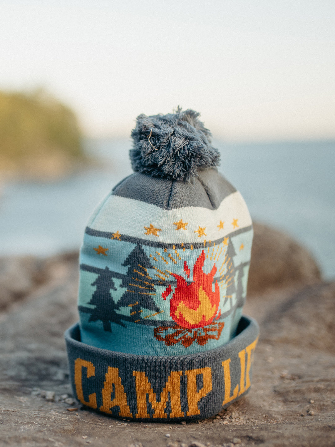 Camp Life Beanie Hat with Pom Pom, Warm Knitted Winter Cap for Camping