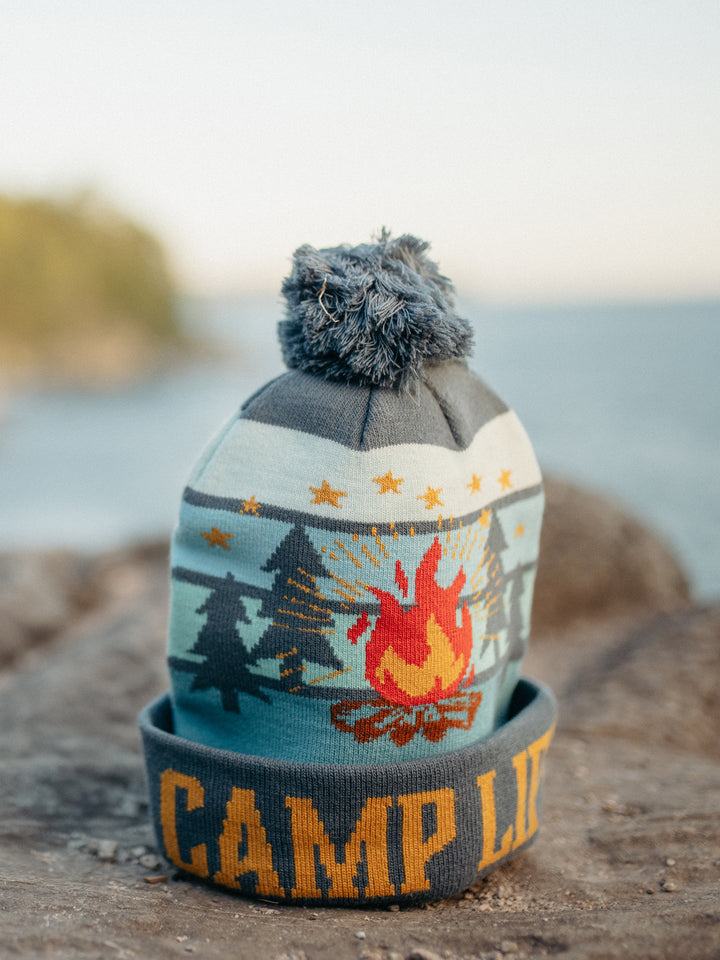 Camp Life Beanie Hat with Pom Pom, Warm Knitted Winter Cap for Camping