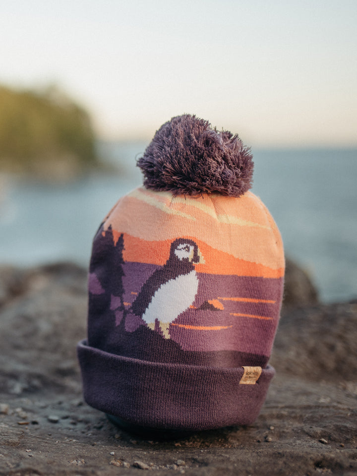 Acadia National Park Beanie Hat with Puffin Pom Pom Winter Knit Cap Outdoor Hiking Hat