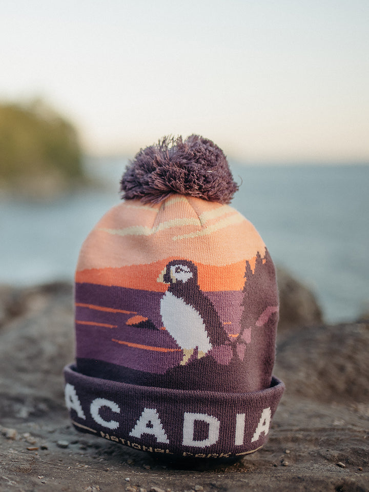 Acadia National Park Beanie Hat with Puffin Pom Pom Winter Knit Cap Outdoor Hiking Hat