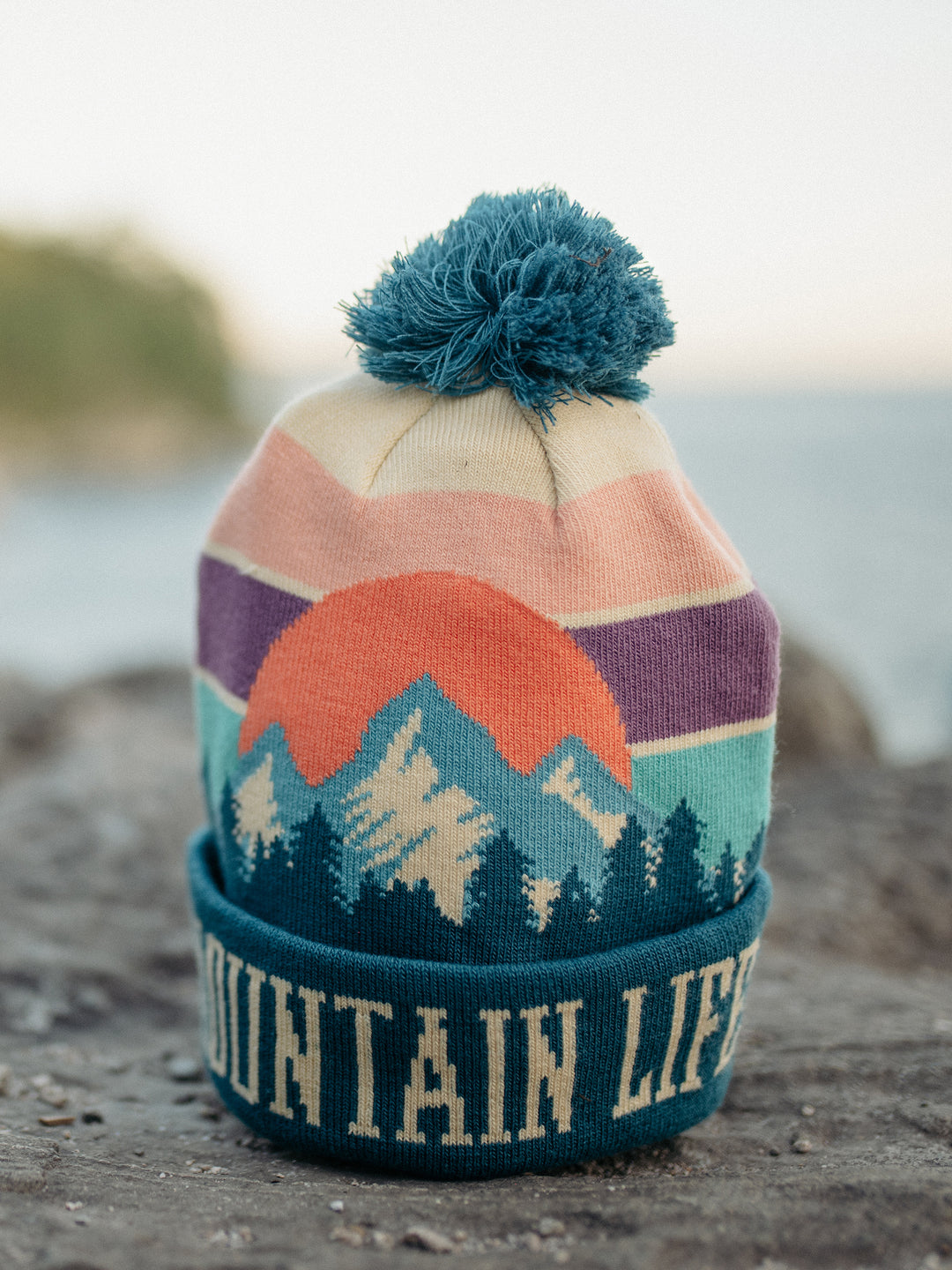 Mountain Life Knit Beanie with Pom Pom Winter Hat for Hiking Camping Outdoors