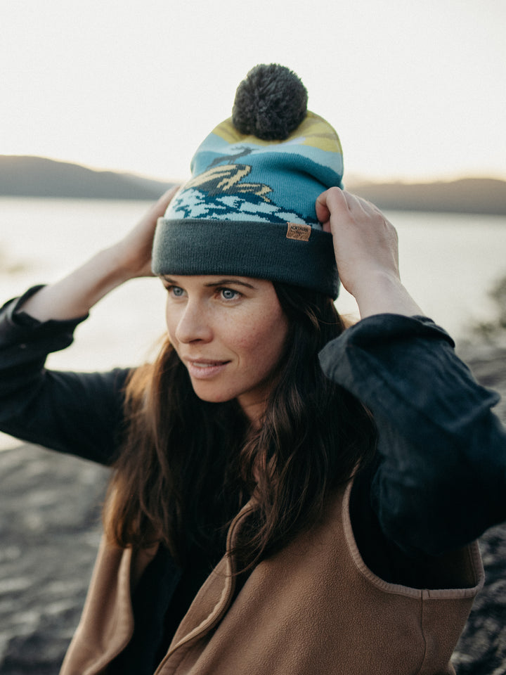 Shenandoah National Park Beanie with Deer Design, Pom Pom Knit Hat for Outdoors