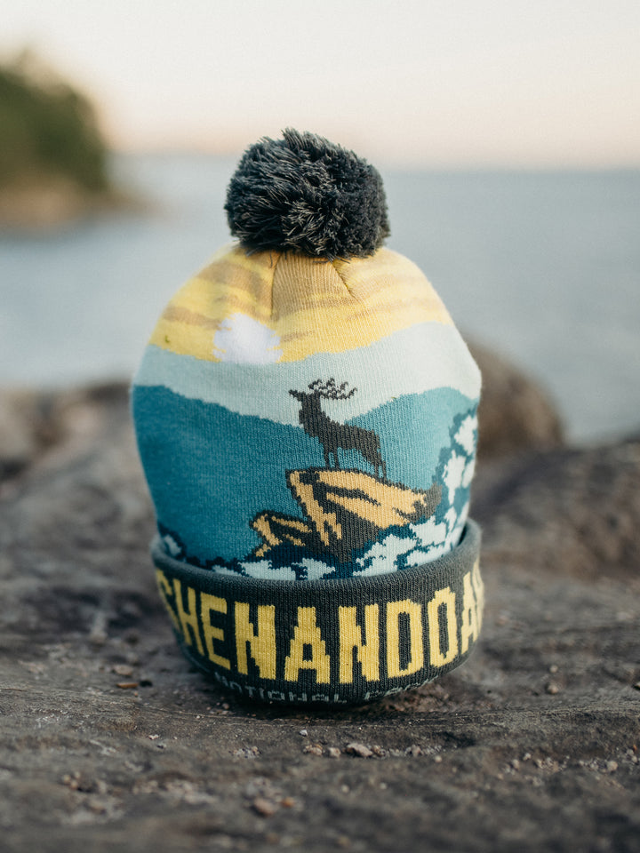 Shenandoah National Park Beanie with Deer Design, Pom Pom Knit Hat for Outdoors