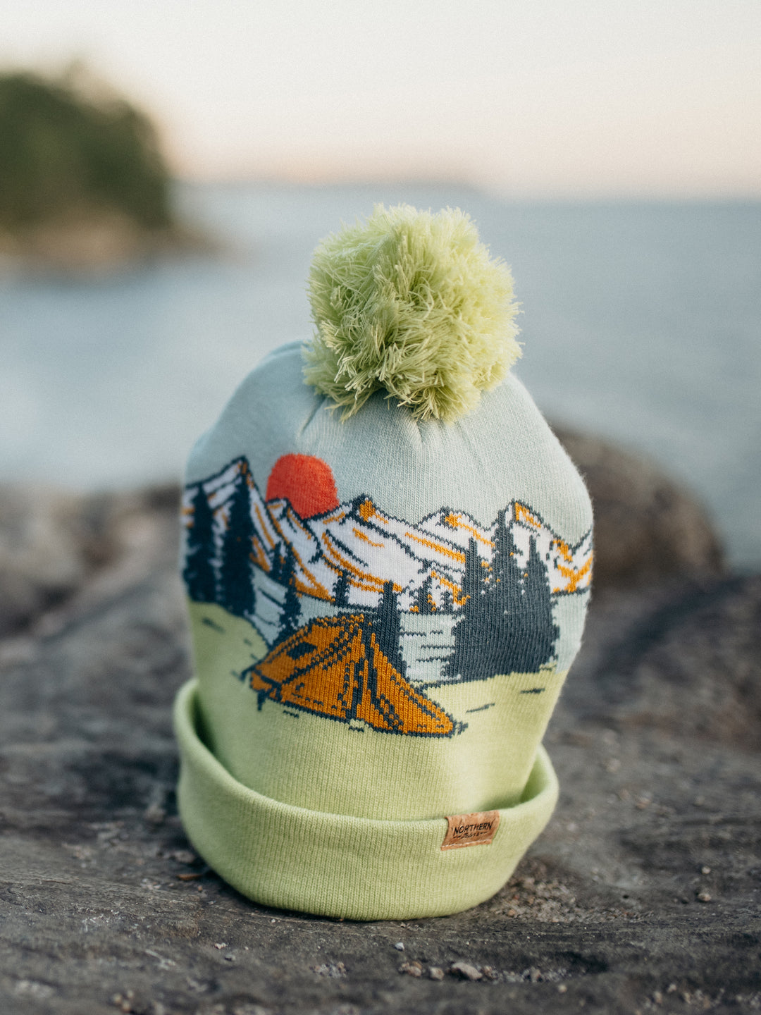 Camp Life Beanie Hat Outdoor Camping Knit Cap with Tent Mountain Sunset Pom Pom