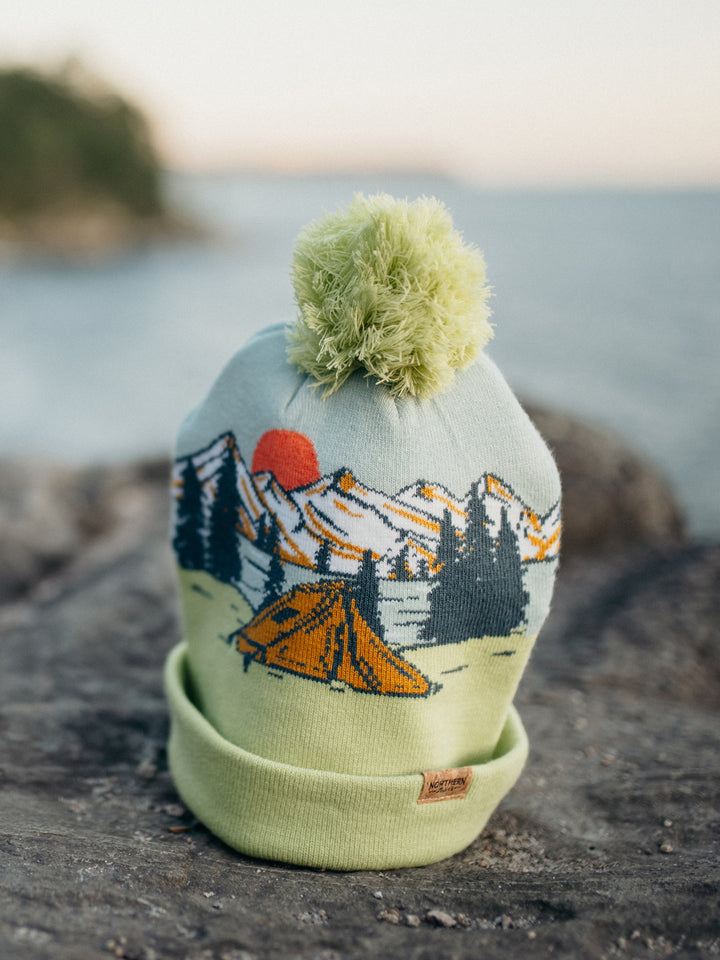 Camp Life Beanie Hat Outdoor Camping Knit Cap with Tent Mountain Sunset Pom Pom