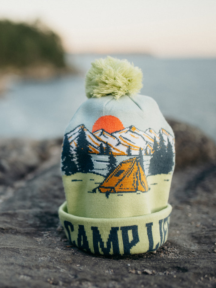 Camp Life Beanie Hat Outdoor Camping Knit Cap with Tent Mountain Sunset Pom Pom