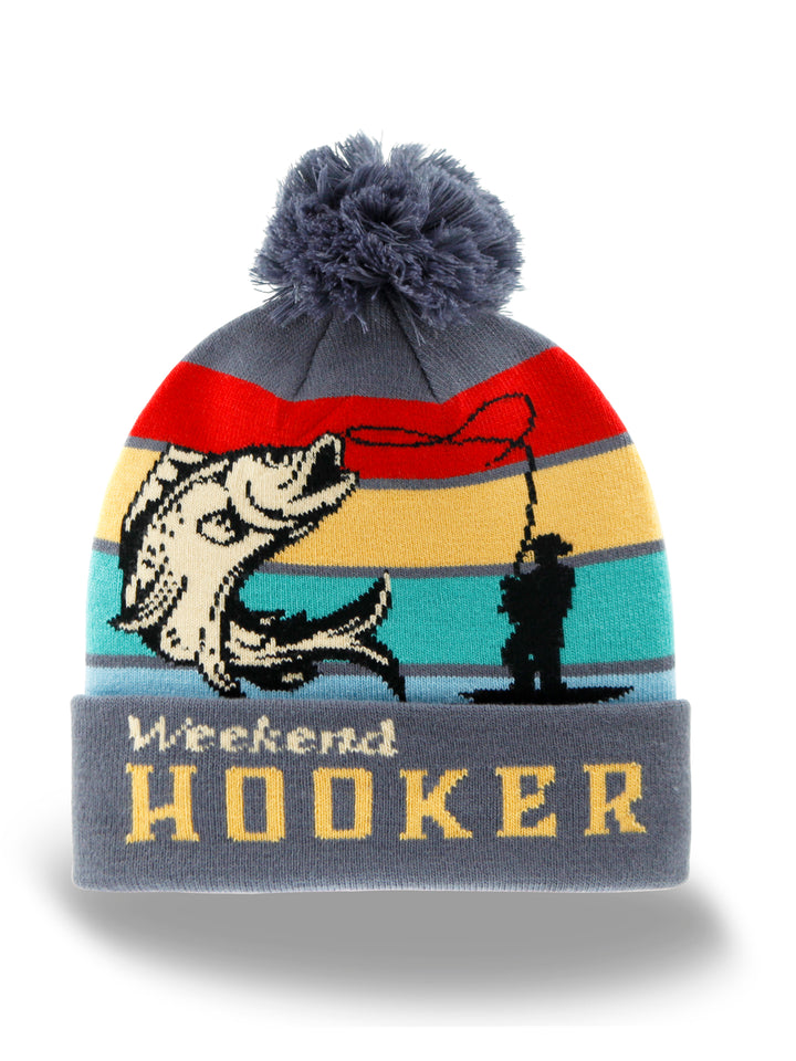 Weekend Fishing Hook Beanie Knit Winter Hat with Pom Pom for Outdoor Anglers