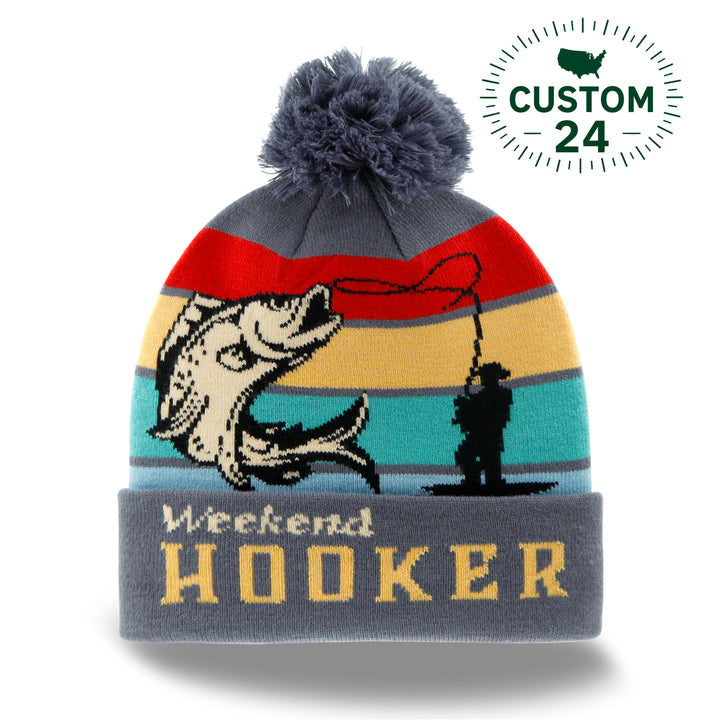 Weekend Fishing Hook Beanie Knit Winter Hat with Pom Pom for Outdoor Anglers