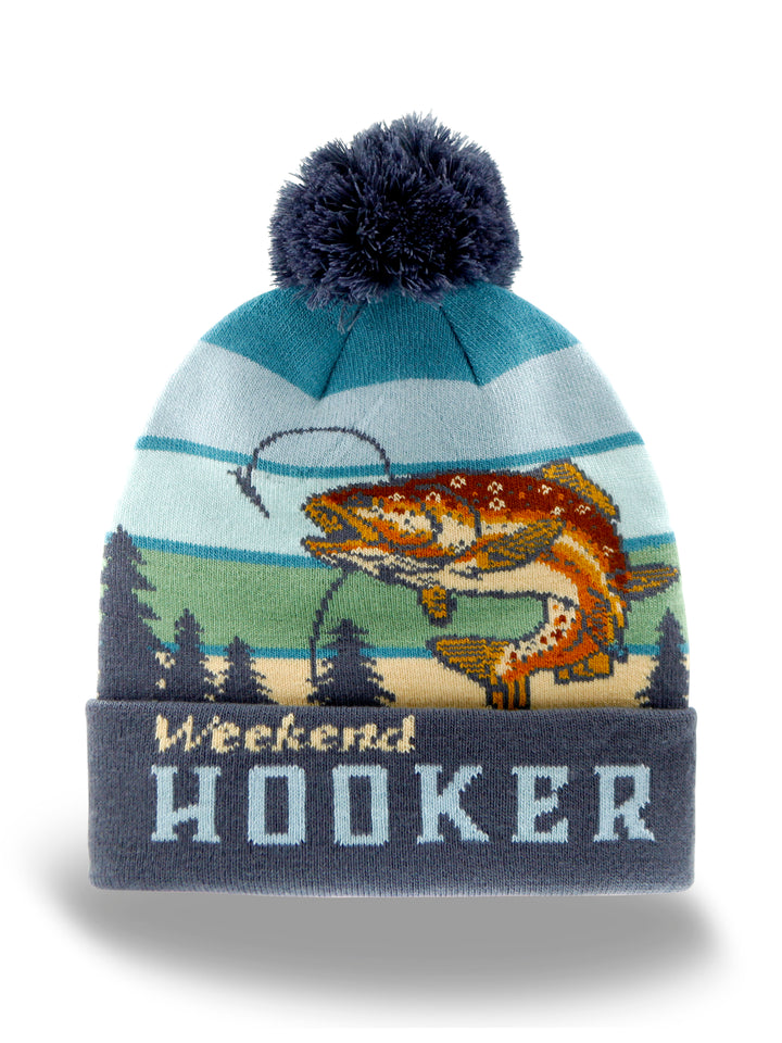 Weekend Hooker Fishing Beanie Hat with Pom Pom Outdoor Winter Knit Cap
