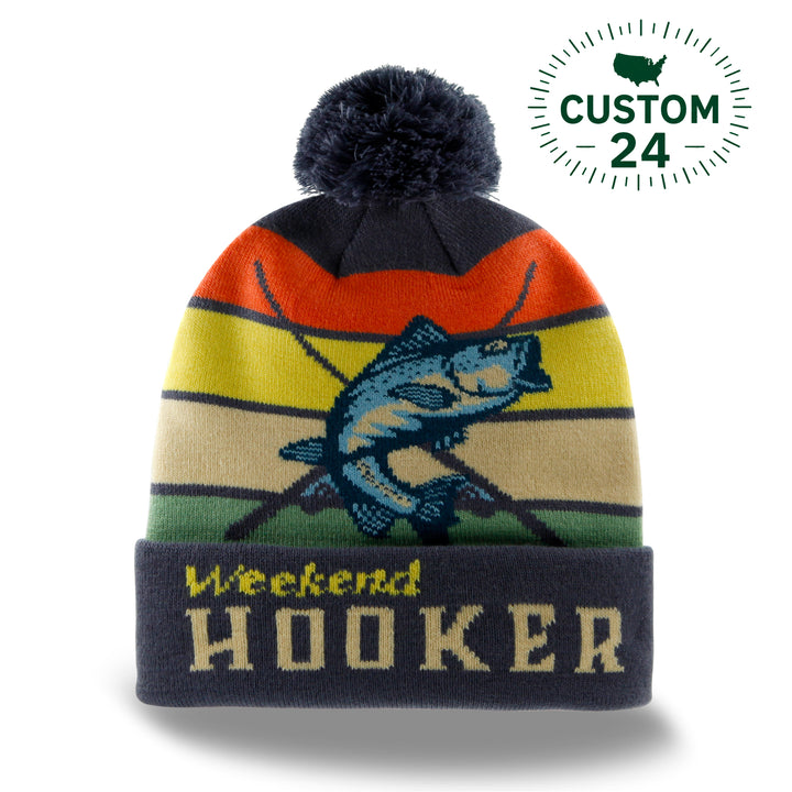 Weekend Hooker Knit Beanie Winter Hat with Pom Pom Fishing Bass Outdoor Cabin Style