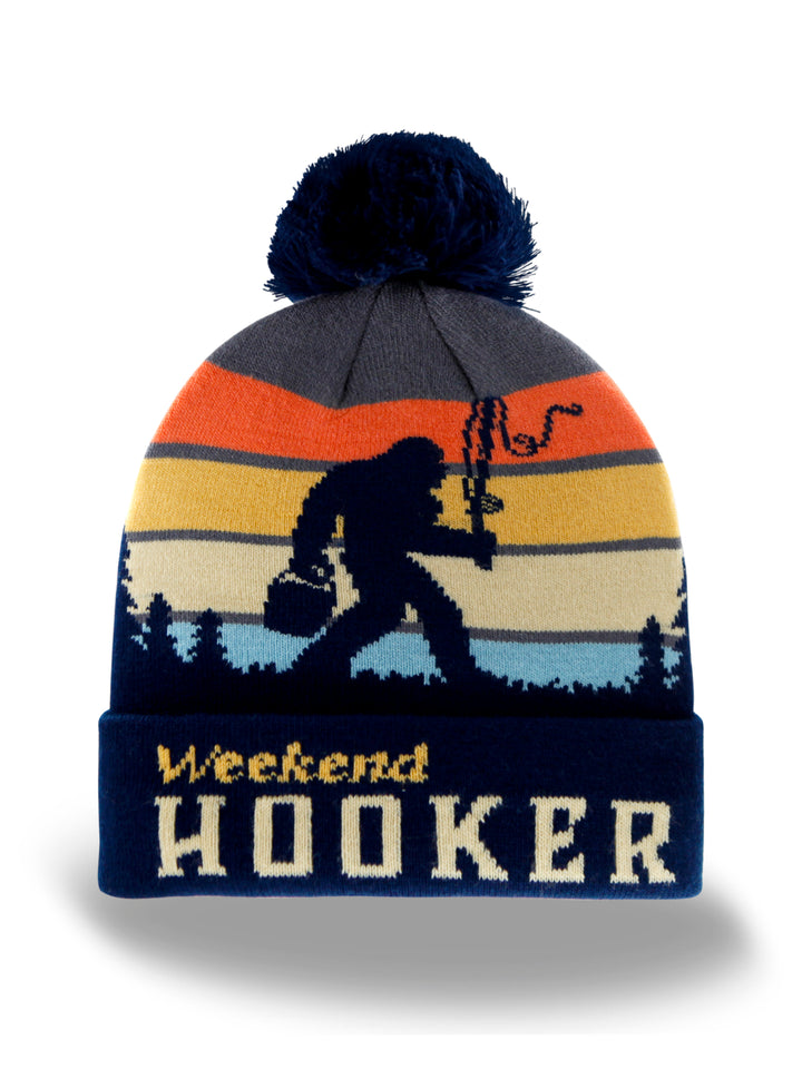 Weekend Hooker Knit Beanie with Pom Pom, Funny Fishing Winter Hat for Outdoorsmen
