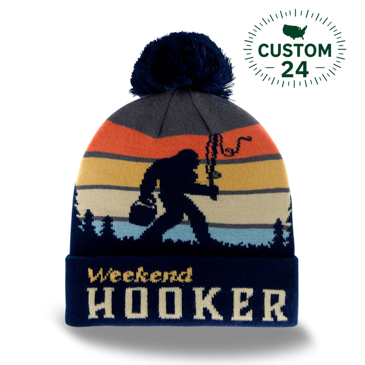 Weekend Hooker Knit Beanie with Pom Pom, Funny Fishing Winter Hat for Outdoorsmen