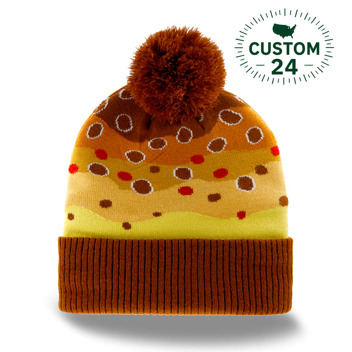 Trout Pattern Knit Beanie Hat with Pom | Speckled Fishing Outdoor Ribbed Cuffed Winter Cap