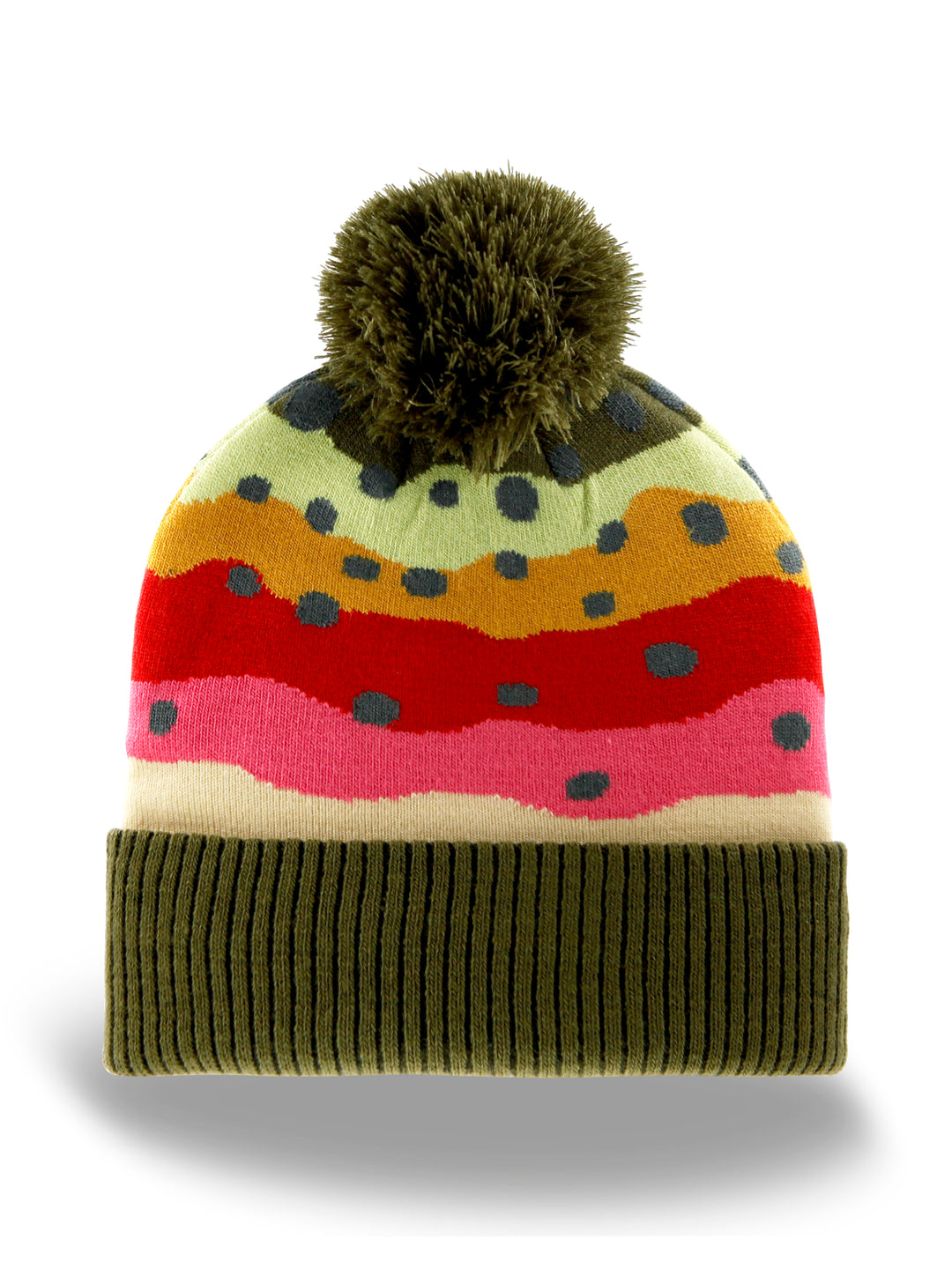 Trout Pattern Knit Beanie Hat with Pom | Speckled Fishing Outdoor Ribbed Cuffed Winter Cap