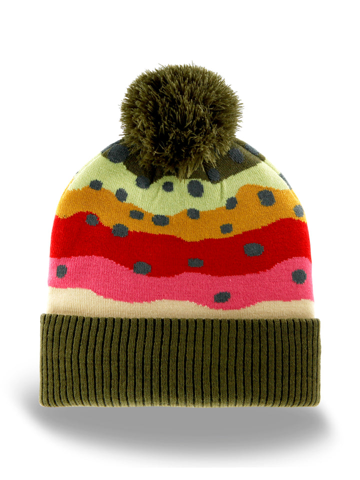 Trout Pattern Knit Beanie Hat with Pom | Speckled Fishing Outdoor Ribbed Cuffed Winter Cap