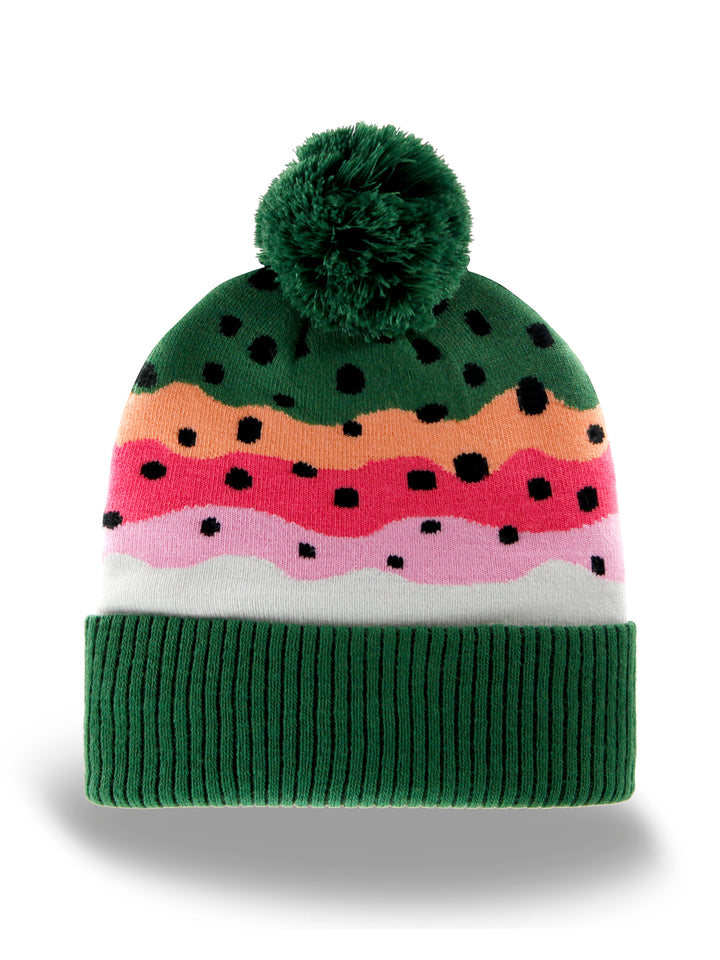 Trout Pattern Knit Beanie Hat with Pom | Speckled Fishing Outdoor Ribbed Cuffed Winter Cap