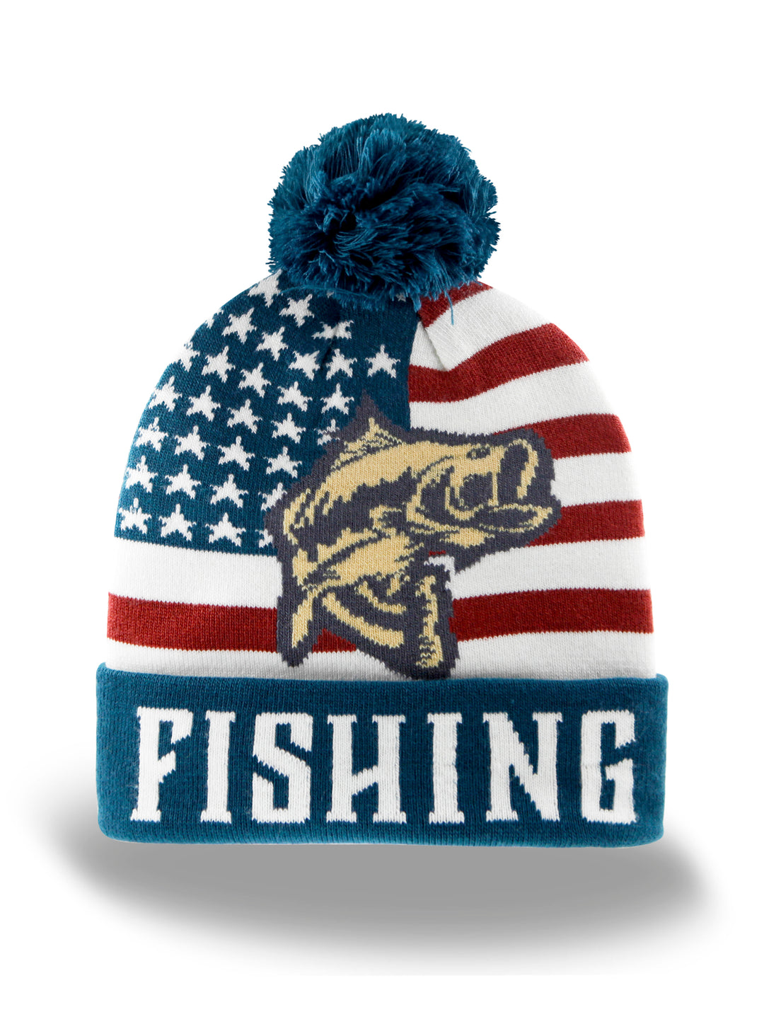 USA Flag Fishing Knit Beanie with Pom Pom Winter Hat Bass Outdoor Lake Gear