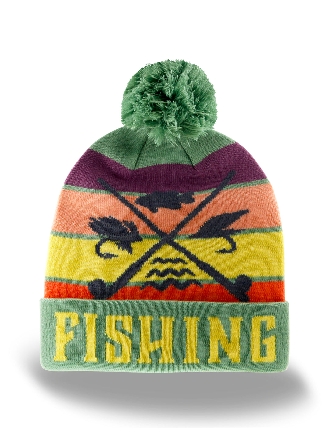 Fishing Knit Beanie Winter Hat with Pom Pom Crossed Rods Outdoor Angler Cabin Style