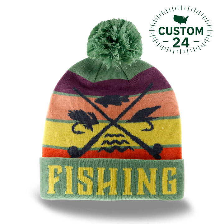 Fishing Knit Beanie Winter Hat with Pom Pom Crossed Rods Outdoor Angler Cabin Style