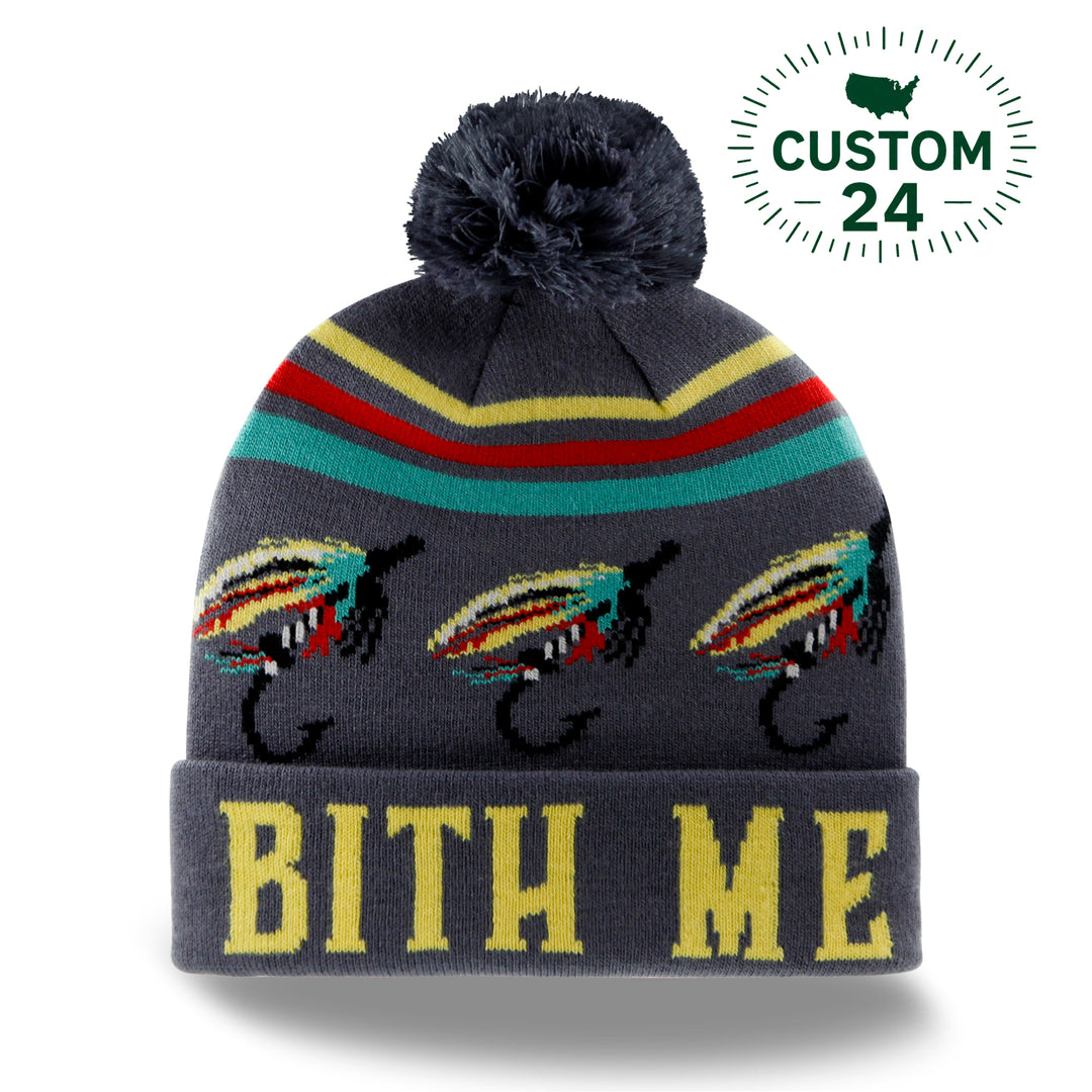Fly Fishing Knit Beanie with Pom Pom, Winter Hat with Lure Pattern for Anglers
