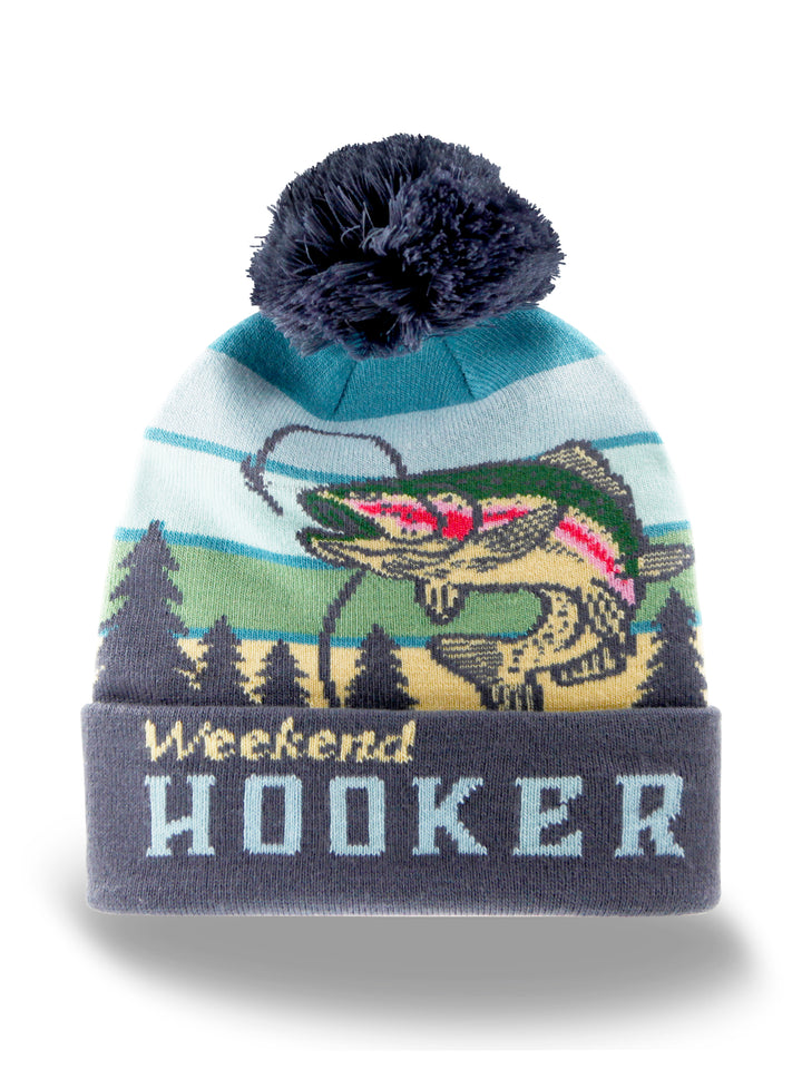 Weekend Hooker Fishing Beanie Hat with Pom Pom Outdoor Winter Knit Cap