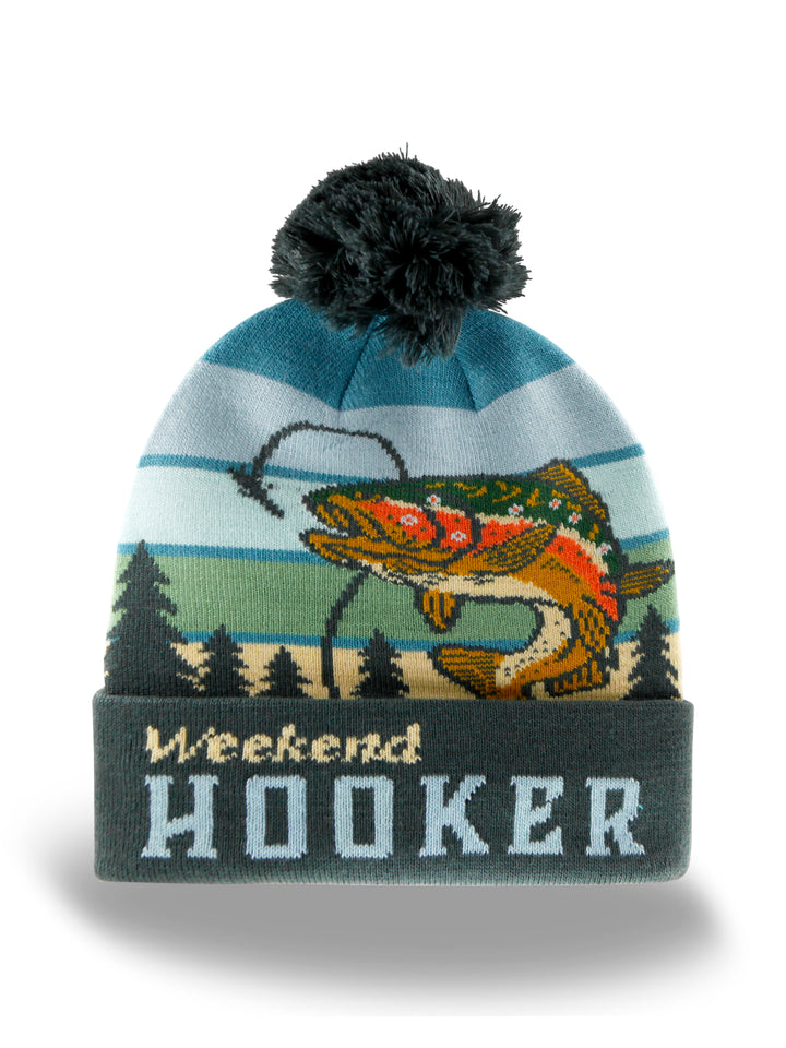 Weekend Hooker Fishing Beanie Hat with Pom Pom Outdoor Winter Knit Cap