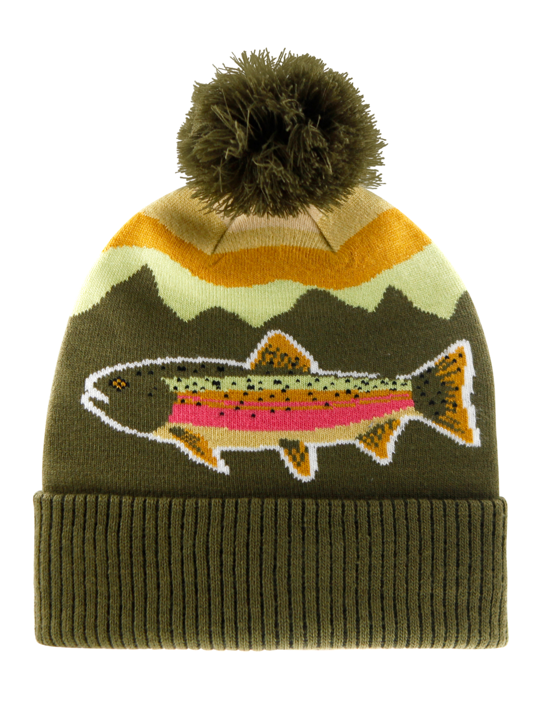 Rainbow Trout Knit Beanie Hat with Pom | Outdoor Fishing Mountain Winter Ribbed Cuffed Cap
