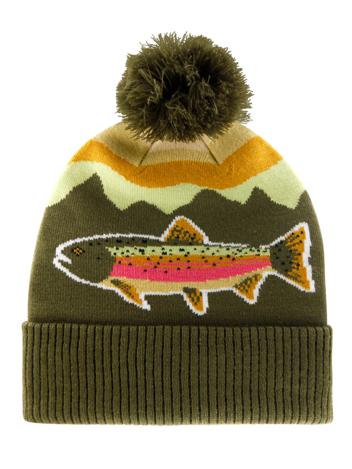 Rainbow Trout Knit Beanie Hat with Pom | Outdoor Fishing Mountain Winter Ribbed Cuffed Cap