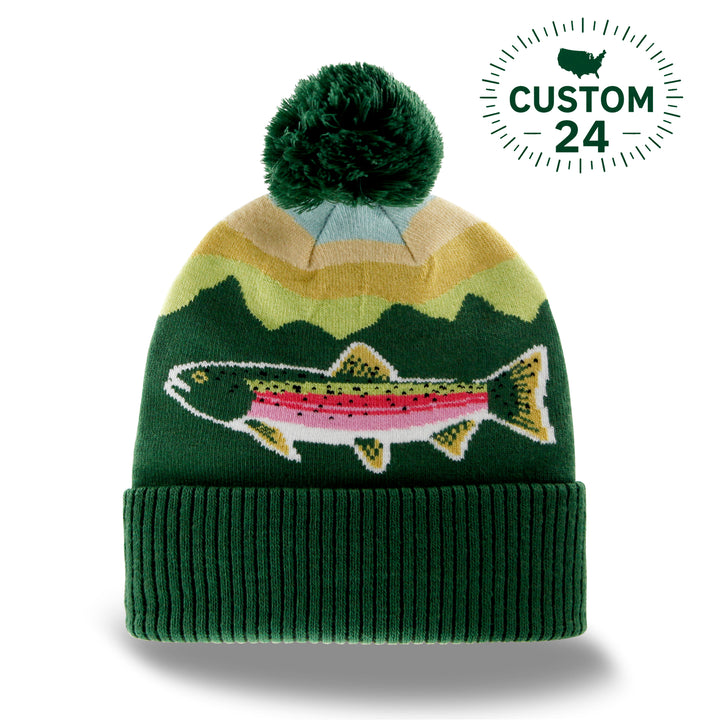 Rainbow Trout Knit Beanie Hat with Pom | Outdoor Fishing Mountain Winter Ribbed Cuffed Cap