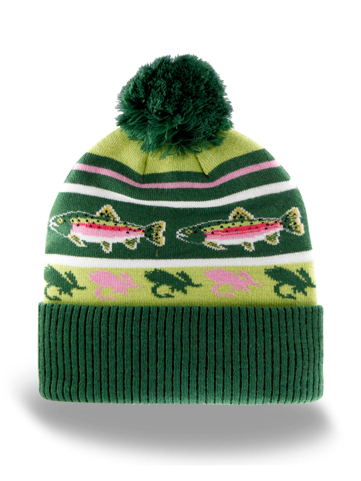 Rainbow Trout Knit Beanie with Pom Pom Winter Hat Fishing Lure Outdoor Camp Gear