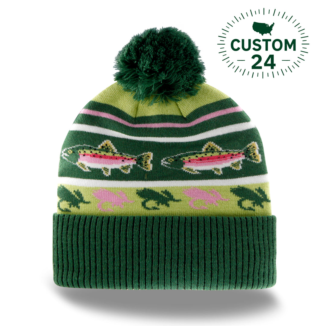 Rainbow Trout Knit Beanie with Pom Pom Winter Hat Fishing Lure Outdoor Camp Gear