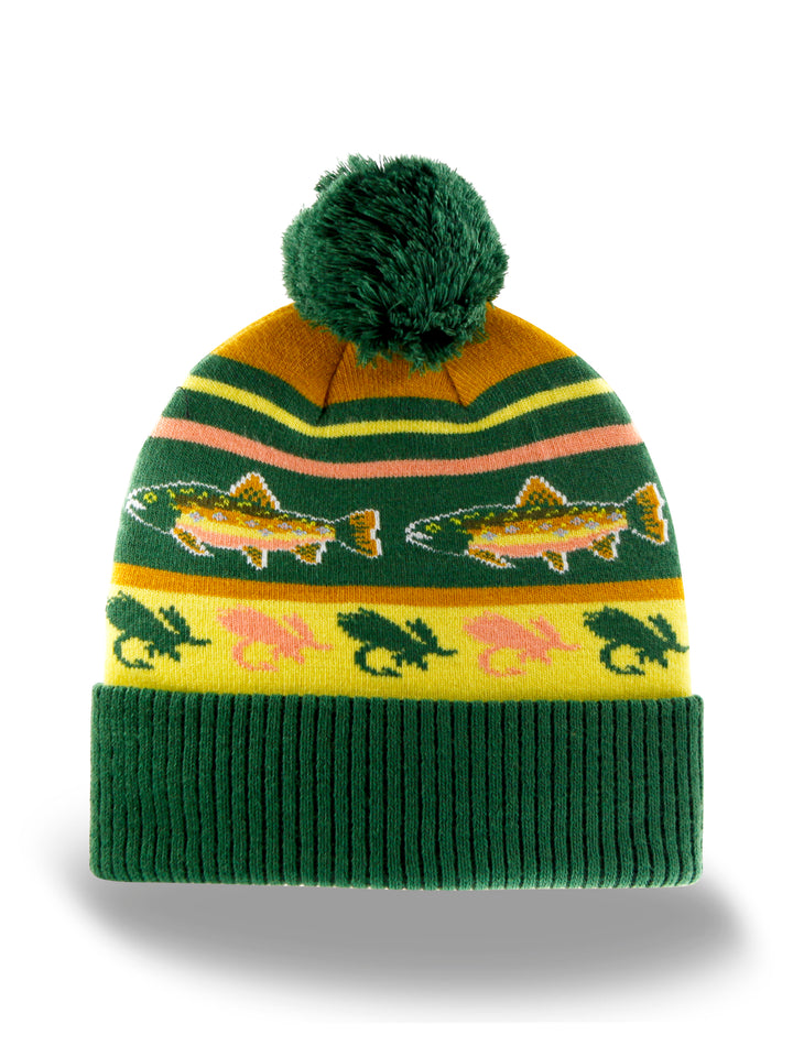 Rainbow Trout Knit Beanie with Pom Pom Winter Hat Fishing Lure Outdoor Camp Gear