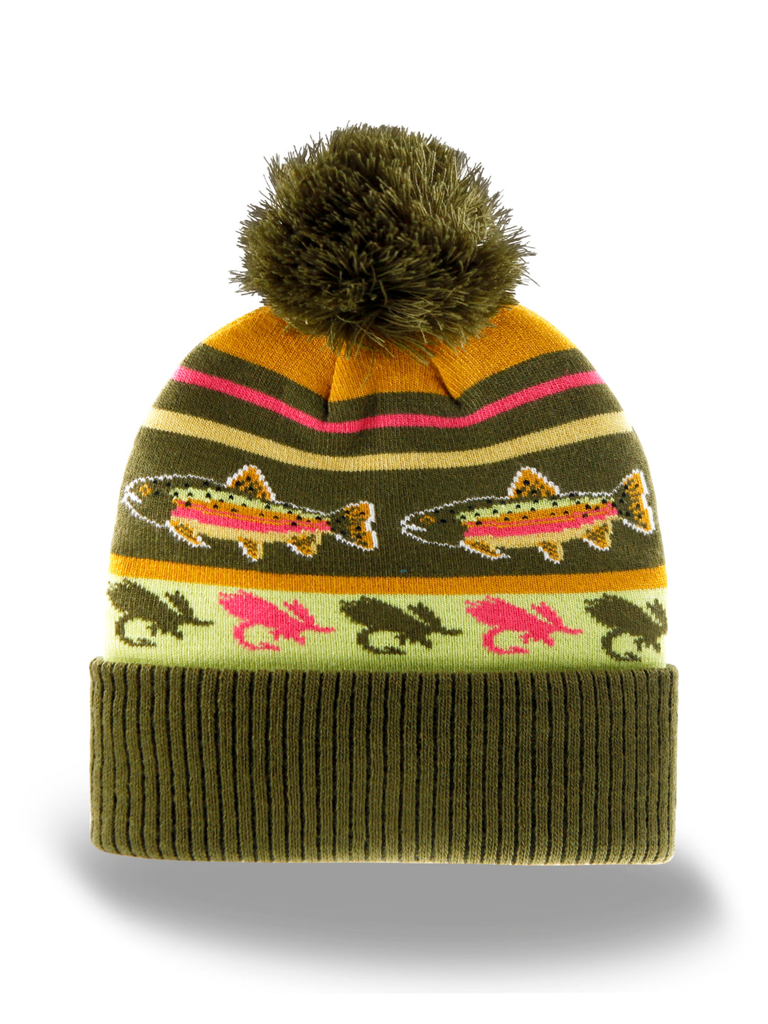 Rainbow Trout Knit Beanie with Pom Pom Winter Hat Fishing Lure Outdoor Camp Gear