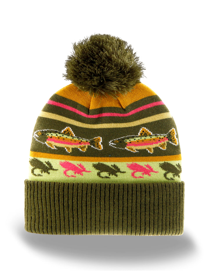 Rainbow Trout Knit Beanie with Pom Pom Winter Hat Fishing Lure Outdoor Camp Gear