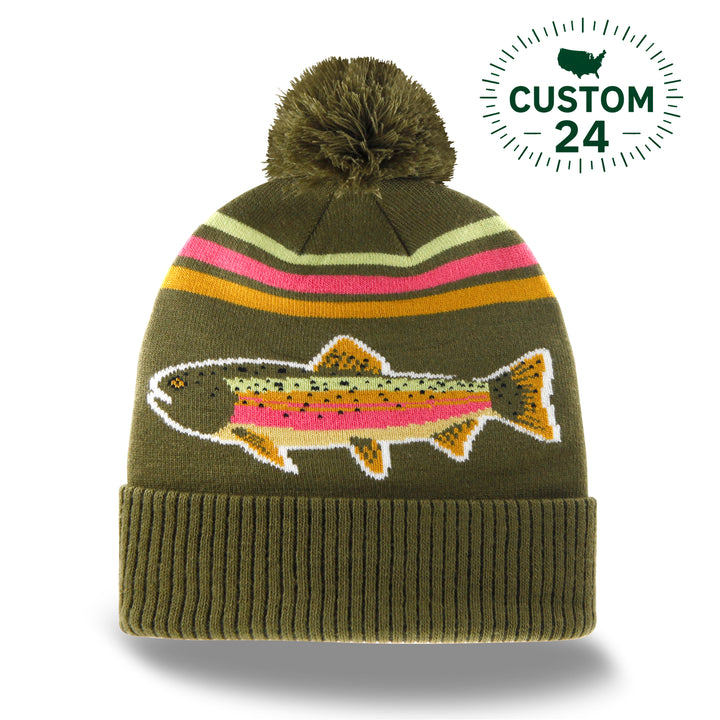 Rainbow Trout Knit Beanie Winter Hat with Pom Pom Fishing Outdoor Cabin Style