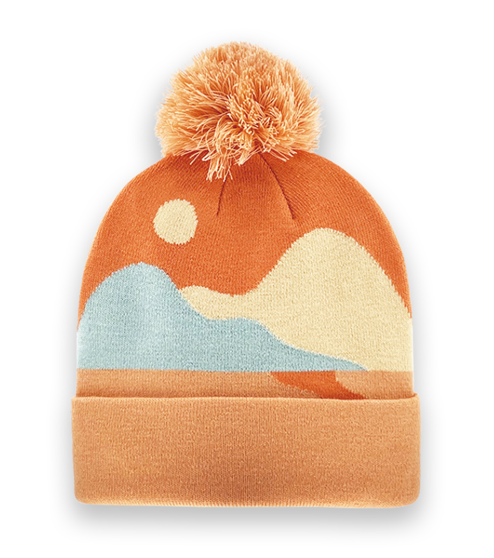 Abstract Sunset Pom Pom Knit Beanie – Warm Winter Hat with Scenic Landscape Design-NI60091